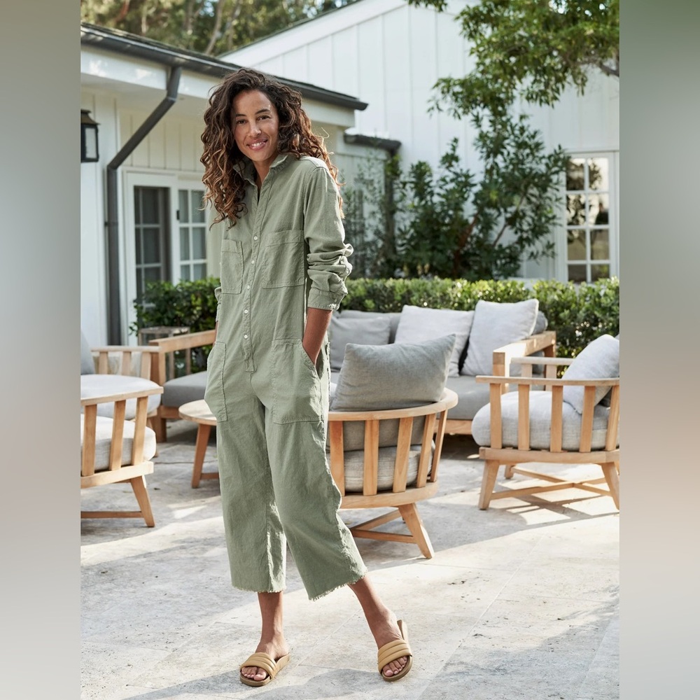 Frank & Eileen Long Sleeve Northern Ireland Jumpsuit in Sage Green Medium Linen